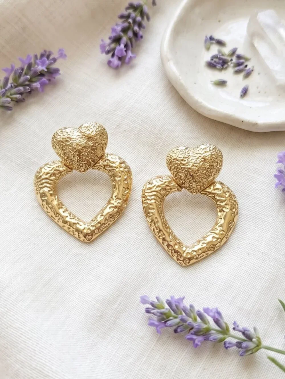 18K Gold Plated SS Coquette Mob Wife Double Heart Hammered Statement Studs 1.9in
